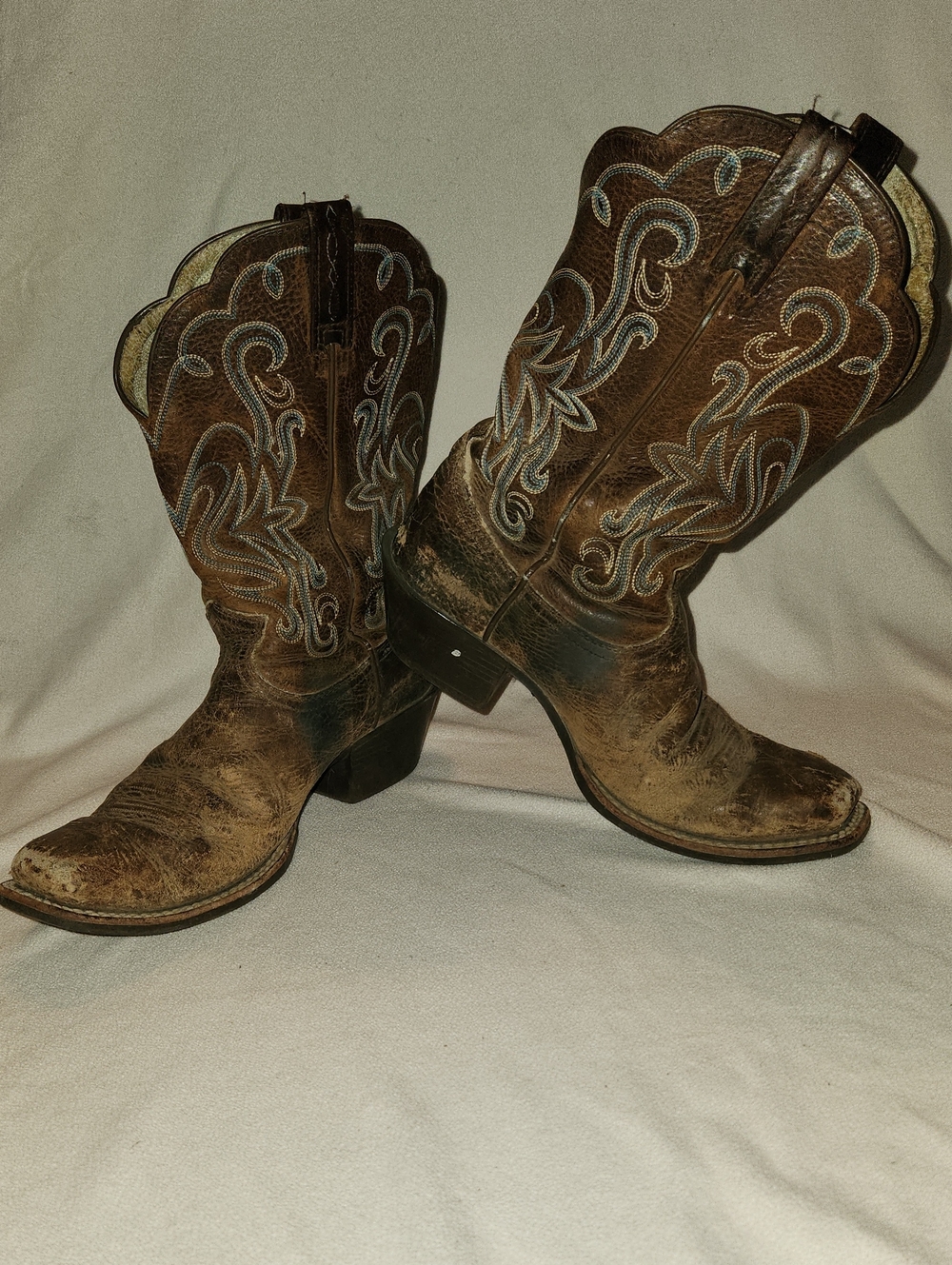 Ariat Distressed Brown Leather Western Boots with Light Blue Embroidery